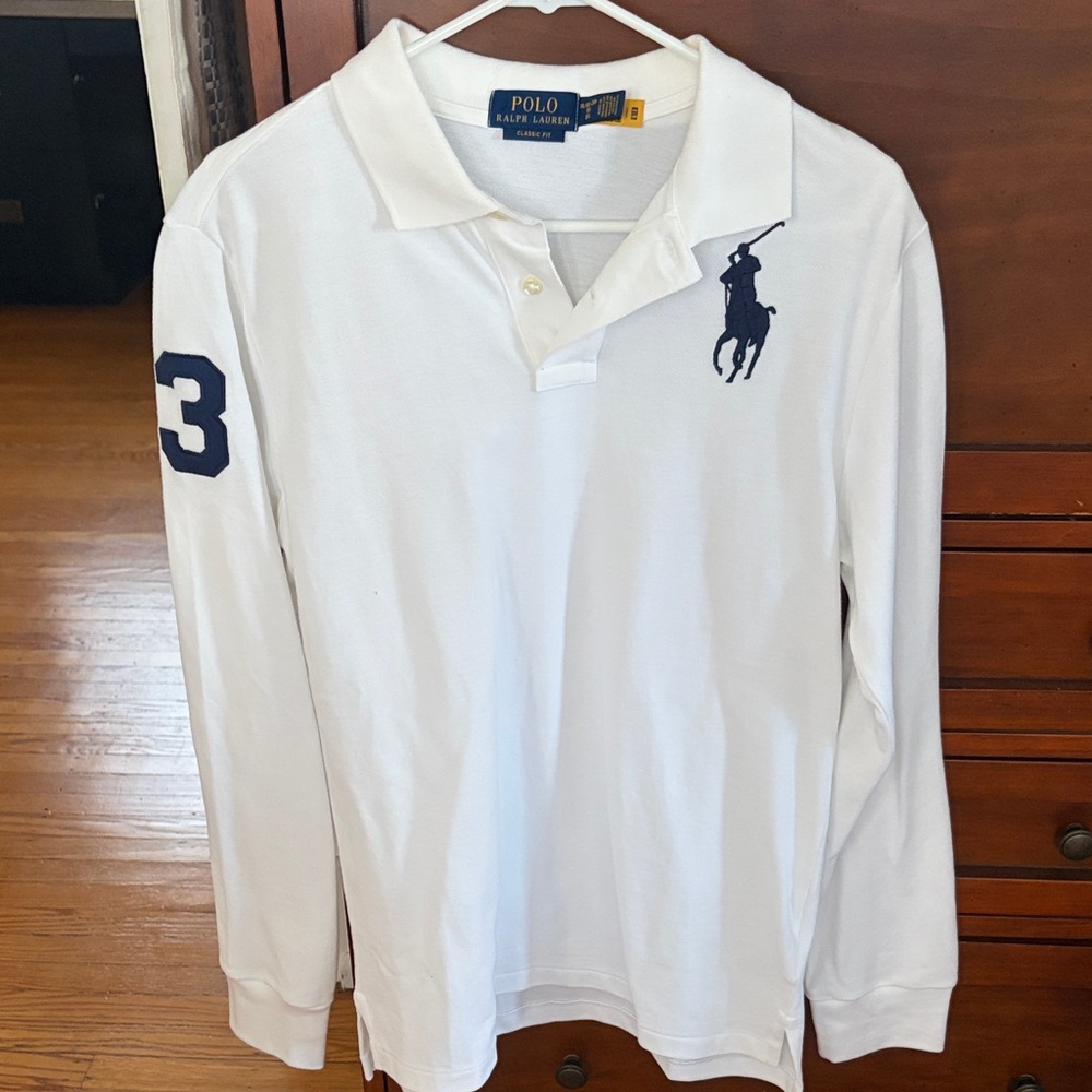 Polo by Ralph Lauren White Long-Sleeve Polo with Navy Pony & Sleeve Number